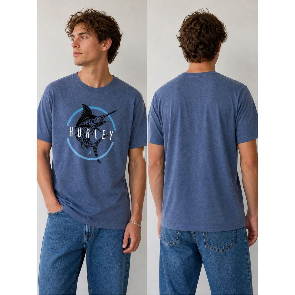 Hurley Men’s Graphic T-Shirt Blue Swordfish Logo Cotton Blend Size L